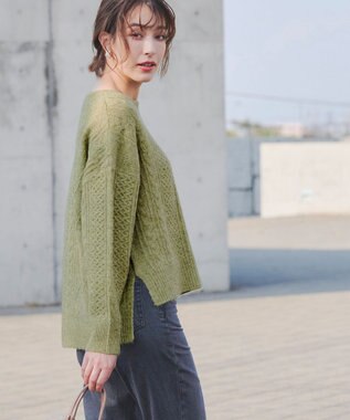 Tiaclasse 【洗える】ケーブル柄編みニットプルオーバー グリーン