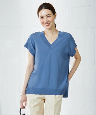 ICB 【洗える】 ガスコットンハイゲージ Vネックニット スマルトブルー系