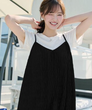 Tiaclasse 【2点セット】変形プリーツキャミワンピース＆Tシャツ ブラック