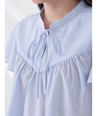 earth music&ecology ギャザーフレンチスリーブブラウス Stripe Sax