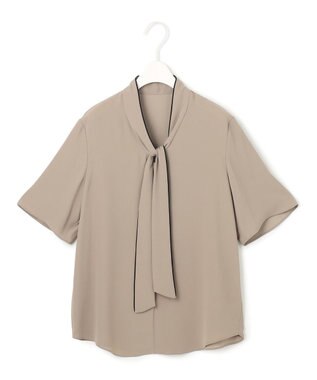 ICB L 【人気のため新色追加・接触冷感・UVケア・洗える】BackSatinAmunzen 5分袖配色ボウタイブラウス クリームブラウン系