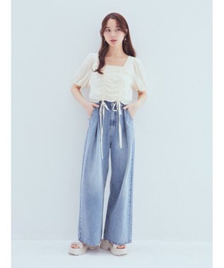 earth music&ecology ＳＥＴ２点パフスリーブブラウス＋キャミワンピース Light Gray