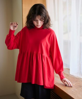 #Newans 【洗える】ペプラムデザインワイドシルエットプルオーバー レッド