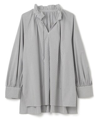 UNFILO ギャザーオーバーブラウス モノトーンストライプ