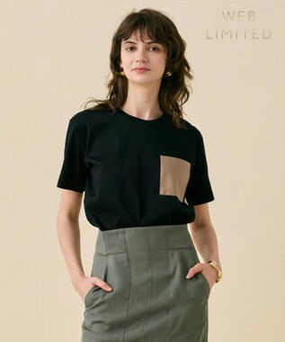 BEIGE， TORENIA / レザーポケットコットンクルーネックTシャツ Black×Taupe