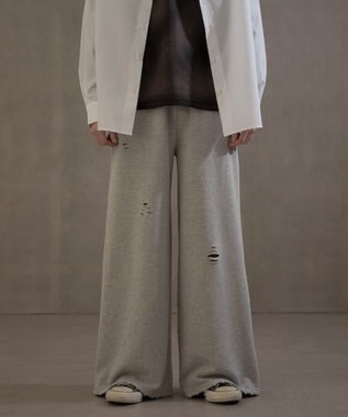 WEGO 【ウエストゴム】ダメージスウェットバギーパンツ 杢グレー