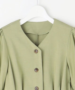 Feroux 【洗える】パフスリーブシャツ ワンピース グリーン系