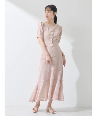 earth music&ecology ２点ＳＥＴ透かし編みカーディガン＋裾フレアスカート Pink