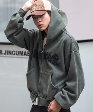 WEGO 【ユニセックス着用ITEM/MLサイズ展開】ショートグラフィックZIPパーカー ダークグリーン