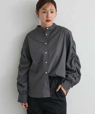 CRAFT STANDARD BOUTIQUE 袖シャーリングバンドカラーシャツ Charcoal Gray
