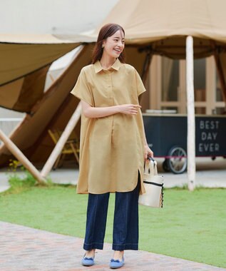 Tiaclasse 【洗える】フレンチスリーブリネンチュニックシャツ イエロー