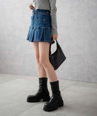 WEGO ベルト付デニムプリーツスカパン デニム中濃加工色