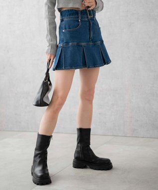 WEGO ベルト付デニムプリーツスカパン デニム中濃加工色