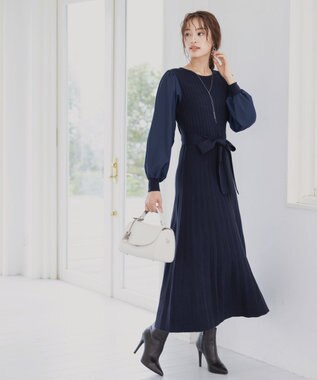 Tiaclasse 【洗える】パフ袖ニットコンビワンピース ネイビー