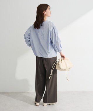 Green Parks イージーケア袖タックブラウス Stripe Blue