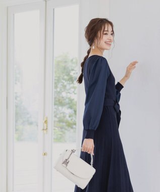 Tiaclasse 【洗える】パフ袖ニットコンビワンピース ネイビー