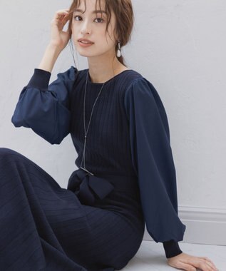 Tiaclasse 【洗える】パフ袖ニットコンビワンピース ネイビー