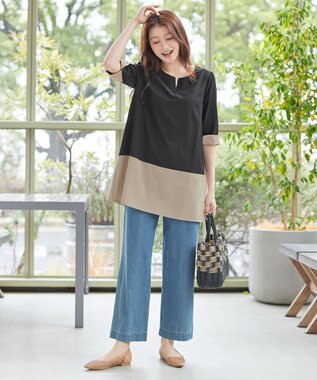 Tiaclasse 【おのののかさん着用】TCデニム切替ワイドストレートパンツ サックス