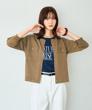 YECCA VECCA ノーカラー7分袖ポケットカーディガン Dark Beige