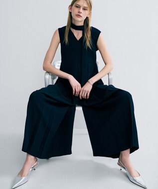 uncrave ウォッシャブルダブルクロス プリーツオールインワン ネイビー