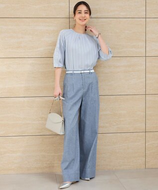 自由区 【洗える】コットンリネンシャンブレーワイドストレート パンツ ライトブルー系