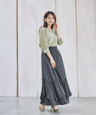 Tiaclasse L 【洗える】花柄Vネックブラウス グリーン