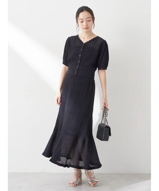 earth music&ecology ２点ＳＥＴ透かし編みカーディガン＋裾フレアスカート Dark Navy