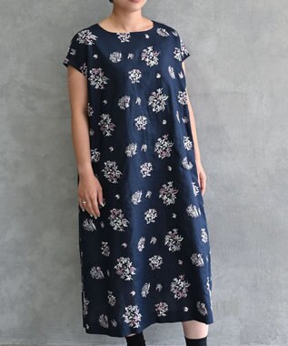 muuc 〈コットン×リネン〉〈高品質なドライタッチ生地〉野小花刺繍ゆったりワンピース ネイビー