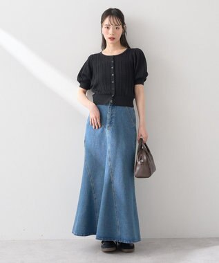 earth music&ecology 透かしケーブルパフスリニットカーディガン Black
