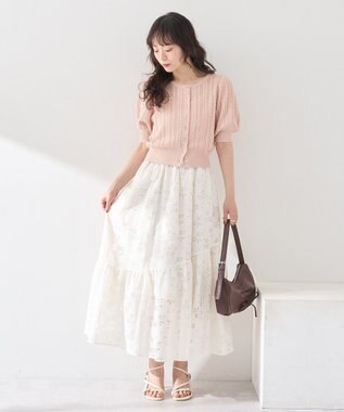 earth music&ecology 透かしケーブルパフスリニットカーディガン Ivory