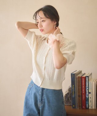 earth music&ecology 透かしケーブルパフスリニットカーディガン Ivory