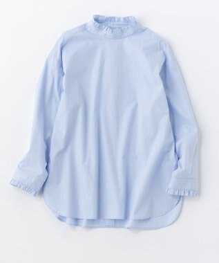 UNFILO イージーケア フリルネック シャツ スカイブルー