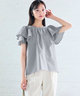 Feroux 【洗える】袖フリルブラウス ブラック系1