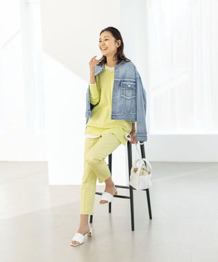 自由区 【WEB限定カラー有/洗える】コットンアセテート チュニック丈ニット ライトグリーン系