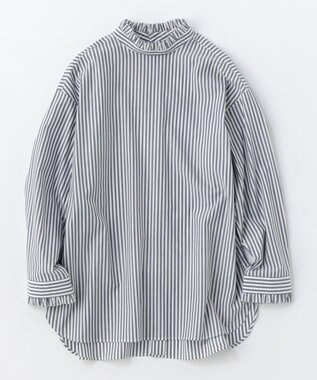 UNFILO イージーケア フリルネック シャツ ネイビーストライプ
