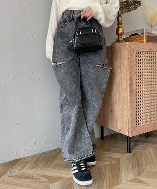 WEGO 【SMサイズ展開】サイドカットデニムストレートパンツ ブラックその他