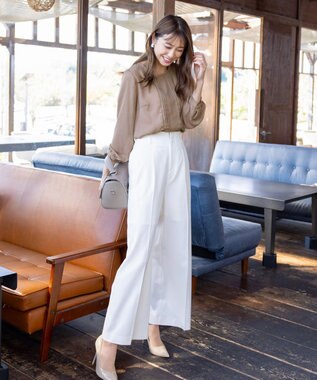 Tiaclasse L 【洗える】ピンタックレースブラウス モカ