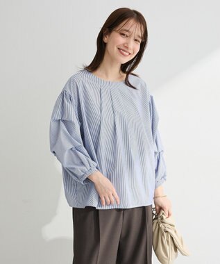 Green Parks イージーケア袖タックブラウス Stripe Blue