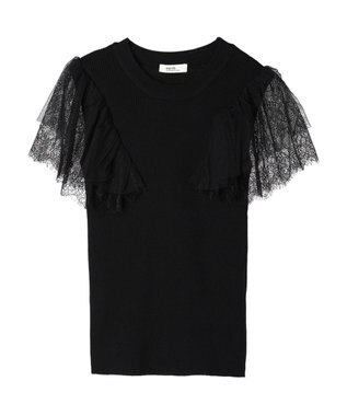 earth music&ecology 袖レースリブニットプルオーバー Black