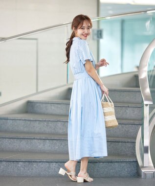 Tiaclasse 【洗える】フレアスリーブシャツワンピース サックスストライプ