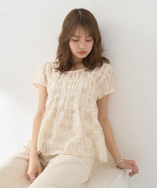 earth music&ecology フラワープリント刺繍ブラウス Pink Orange