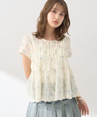 earth music&ecology フラワープリント刺繍ブラウス Blue