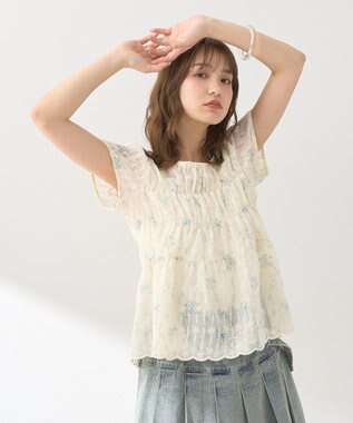 earth music&ecology フラワープリント刺繍ブラウス Blue