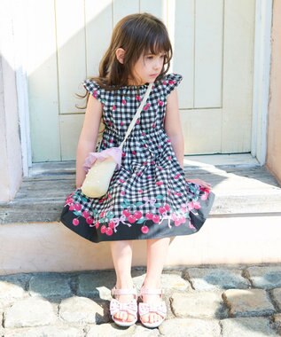 ANY KIDS 総柄 サマーワンピース ブラック×サクランボ