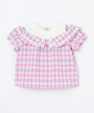 ANY KIDS チェック オフショルダー ブラウス ピンク