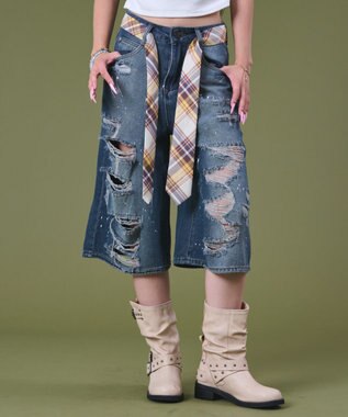  タイ付きダメージハーフデニムパンツ