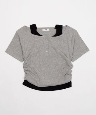 WEGO レイヤードキーネック半袖T 杢グレー