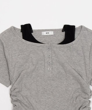 WEGO レイヤードキーネック半袖T 杢グレー