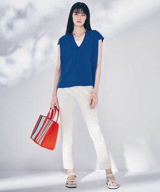 23区 L 【洗える】リネンレーヨンストレッチ テーパード パンツ ホワイト系