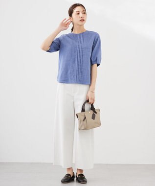 J.PRESS LADIES 【洗える】ラミーポプリン クルーネック ブラウス ブルーシャンブレー系